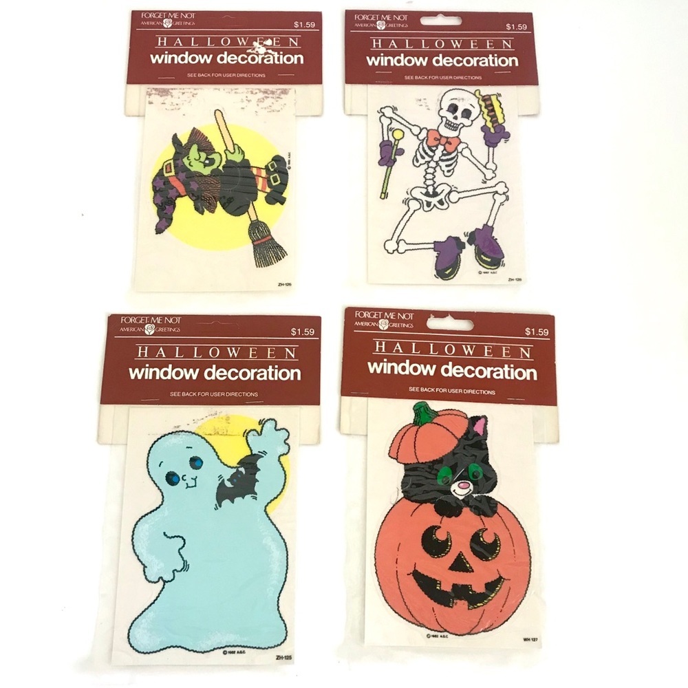 Vintage 1980’s Halloween window clings set of 4 skeleton ghost witch cat pumpkin